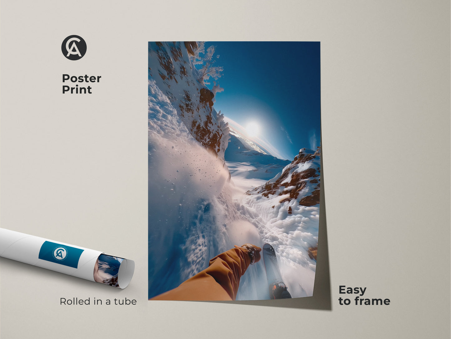 Poster print of a skier speeding down a snow-covered slope. The image captures the energy of extreme skiing. This rolled poster is easy to frame. Perfect for adding an action-packed piece to your art collection.