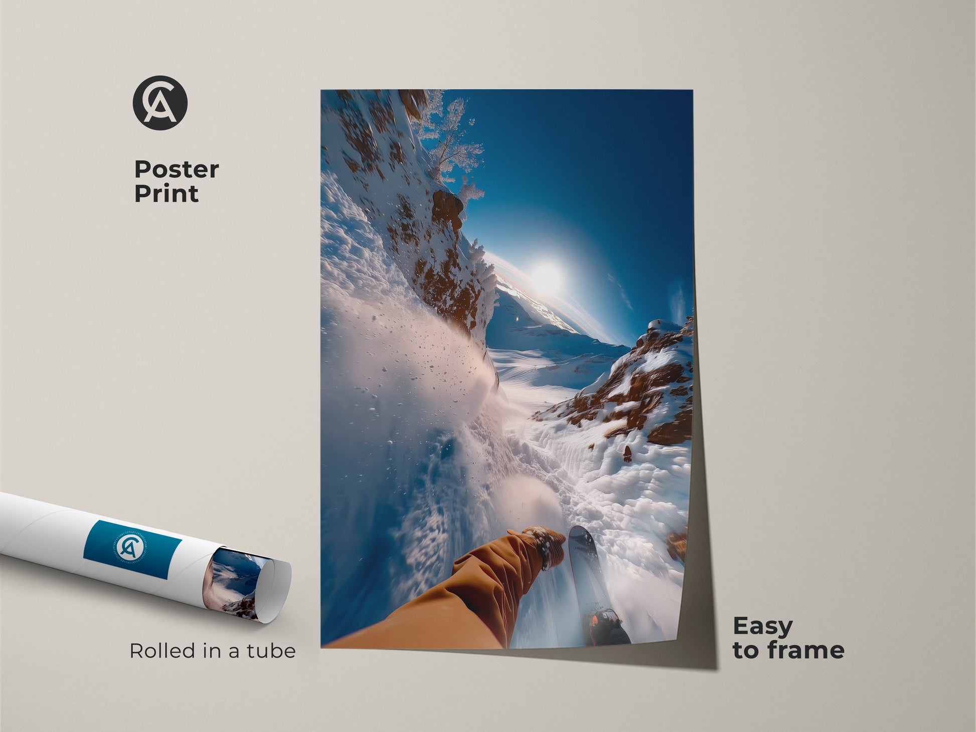 Poster print of a skier speeding down a snow-covered slope. The image captures the energy of extreme skiing. This rolled poster is easy to frame. Perfect for adding an action-packed piece to your art collection.