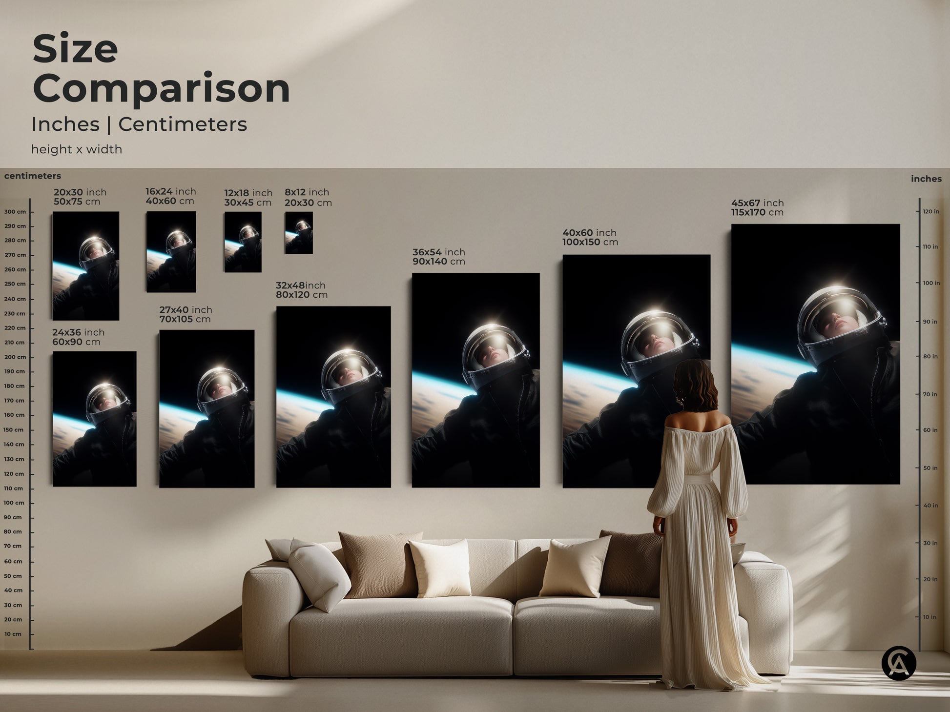 Compare the sizes of this astronaut art print. Options range from small to large in inches and centimeters. See how this artwork transforms a living space. Perfect for adding a touch of cosmic exploration to your home or office. It captures an astronaut gazing towards Earth.