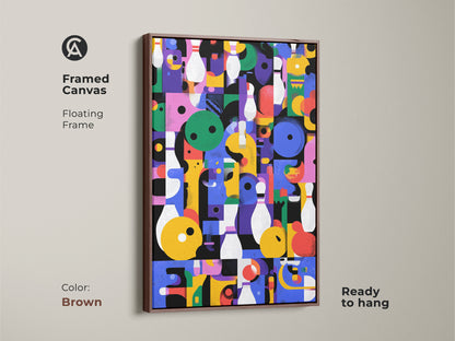 Framed Canvas Print with a floating frame. Geometric Abstract Wall Art in retro bowling style. This colorful eclectic decor is ready to hang. Perfect for a game room or office. The frame is brown.