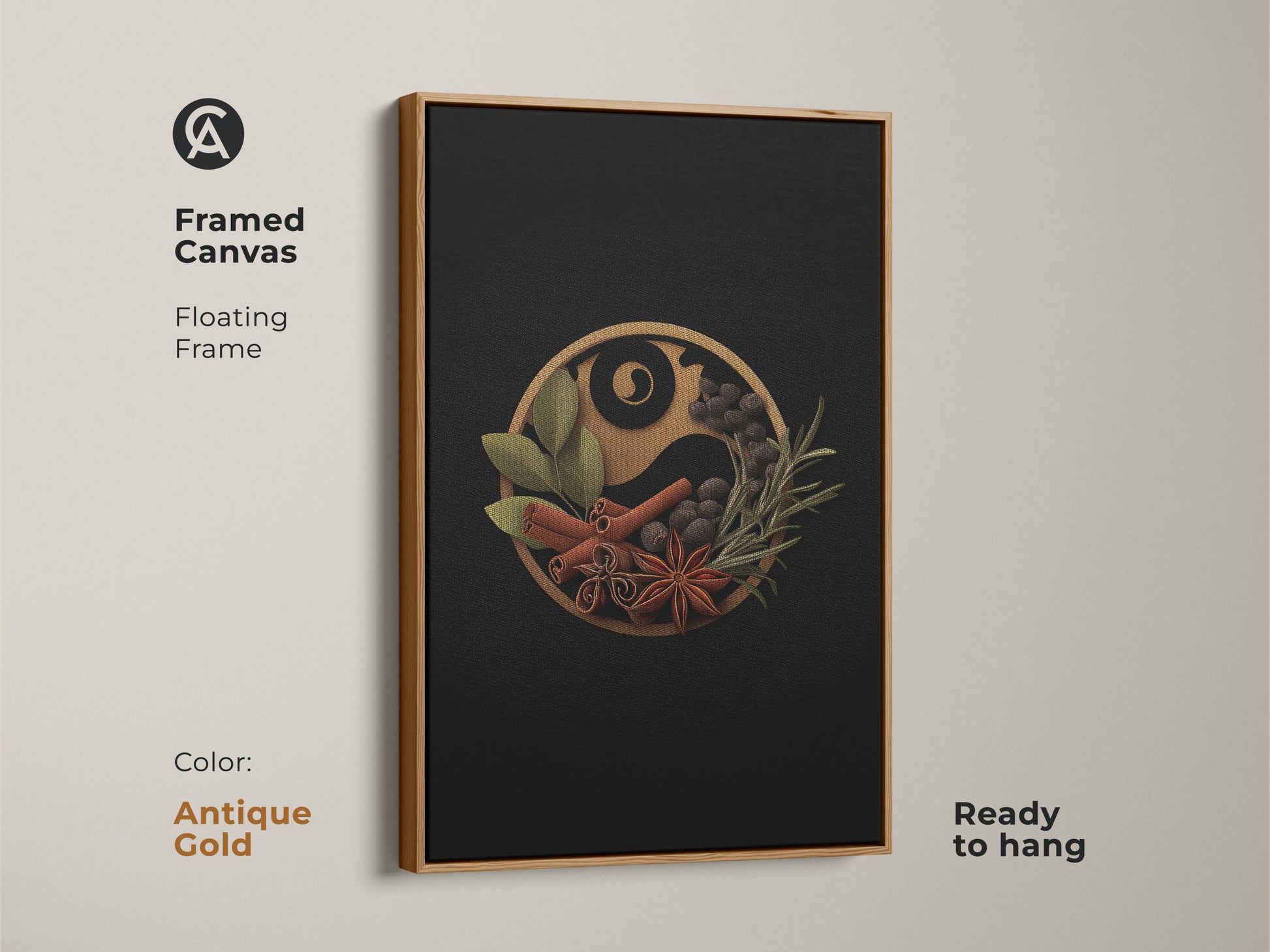 Framed canvas art of the spice Yin Yang piece with an antique gold floating frame. The minimalist dining room art combines black and gold for a sophisticated look. This contemporary herb print adds elegance to kitchen decor and makes a unique home baker gift.