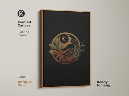 Framed canvas art of the spice Yin Yang piece with an antique gold floating frame. The minimalist dining room art combines black and gold for a sophisticated look. This contemporary herb print adds elegance to kitchen decor and makes a unique home baker gift.