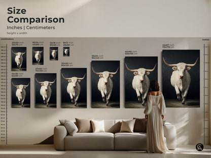 Size comparison of the western wildlife artwork. The inches and centimeters are compared. The realistic white longhorn canvas art makes an entryway statement art. It is great country living room art.