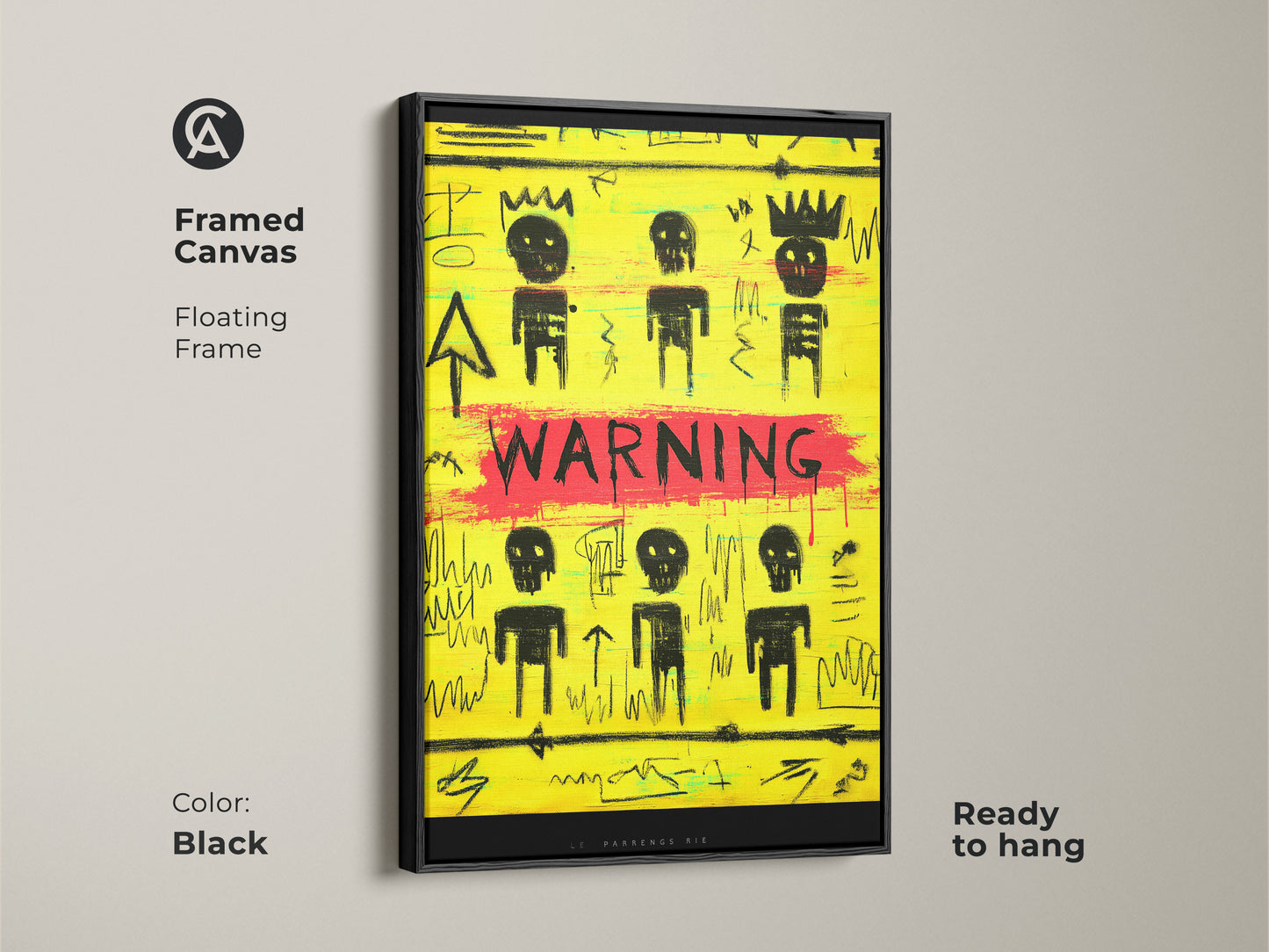 Framed canvas of yellow and black abstract graffiti. This neo-expressionism art features skull art print. A floating frame enhances this ready-to-hang piece. Bold office decor with a raw aesthetic. This modern abstract artwork is perfect for art lovers.