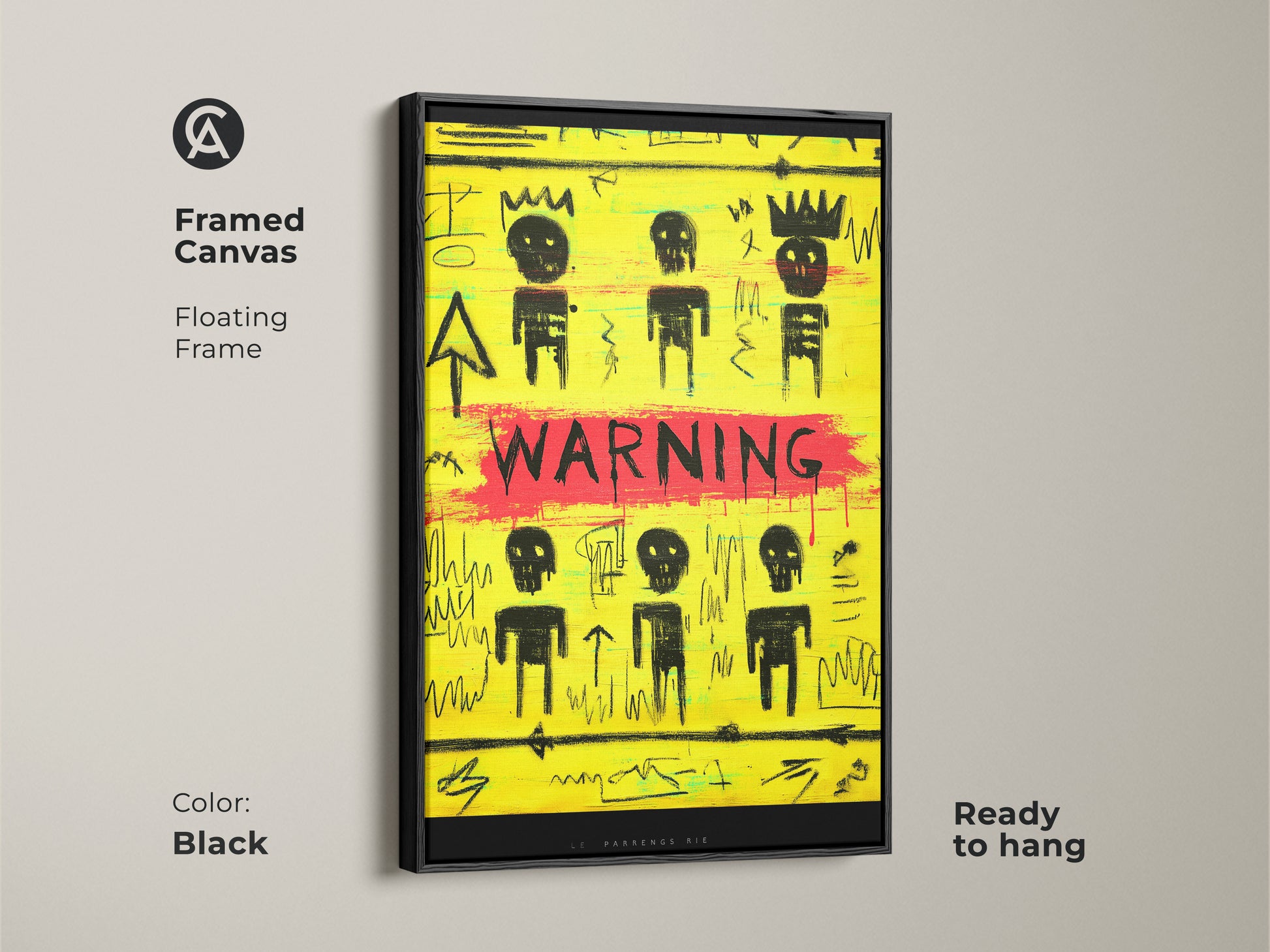 Framed canvas of yellow and black abstract graffiti. This neo-expressionism art features skull art print. A floating frame enhances this ready-to-hang piece. Bold office decor with a raw aesthetic. This modern abstract artwork is perfect for art lovers.