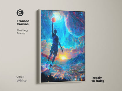 Framed canvas in white floating frame. It captures a basketball player dunking. Electric blue and orange art offers a unique twist. It is a dreamlike city art piece. Ideal for modern decor.