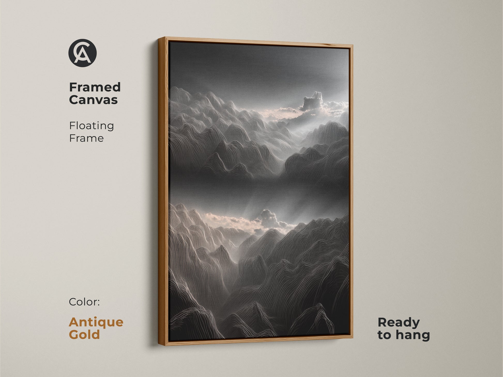 Framed canvas showcasing abstract mountain line artwork. The antique gold floating frame adds elegance to the charcoal and pink clouds landscape. This fine art print is ready to hang. It's a sophisticated choice for modern and minimalist interiors.