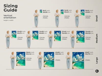 Find the perfect size for your beach artwork with this vertical sizing guide. Available as canvas or poster in sizes from 8x12 to 45x67 inches. Visualize how each size will enhance your living space.