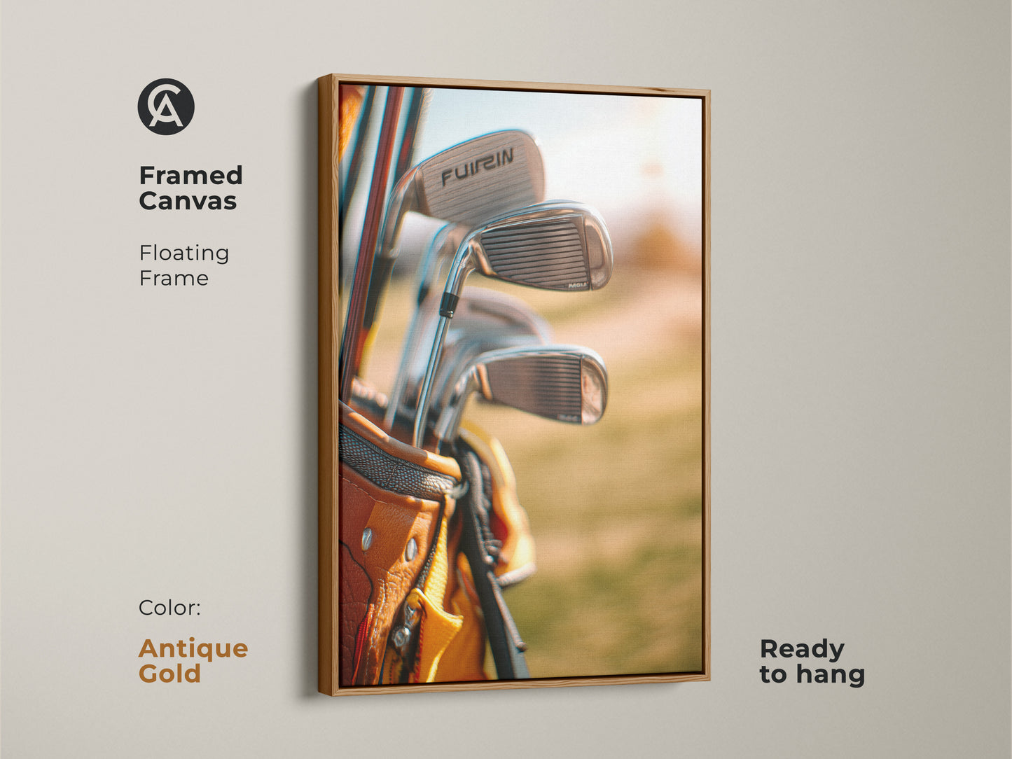 Framed canvas art of golf clubs in a tan golf bag with a floating antique gold frame. Ready to hang. This framed golf artwork is a stylish addition to any room. Perfect for sports art collectors