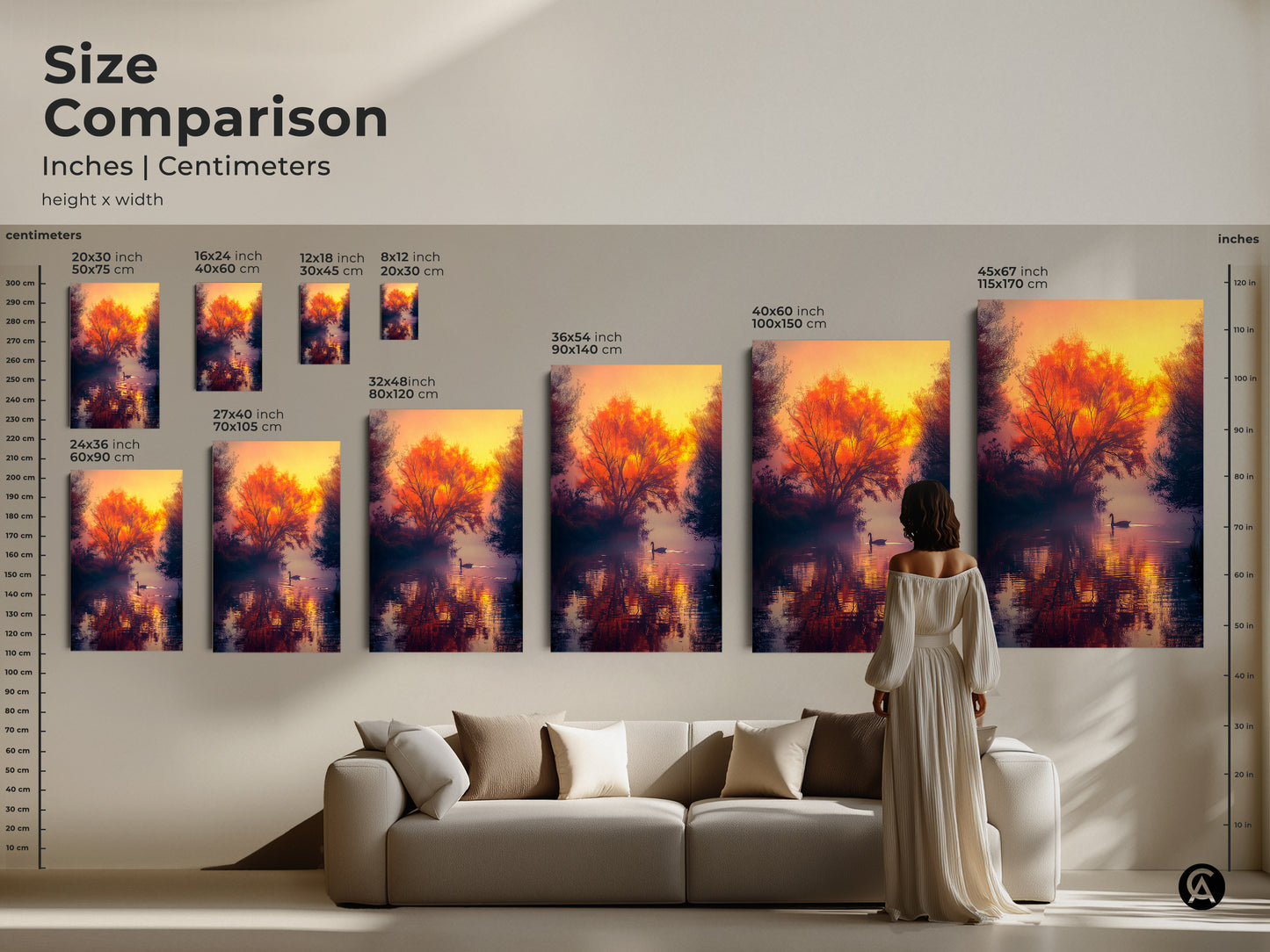 Size comparison for sunset lake art prints. See how the artwork looks in different sizes. Art comes in canvas and poster options. Find the perfect size for your space. Enhance your home decor.