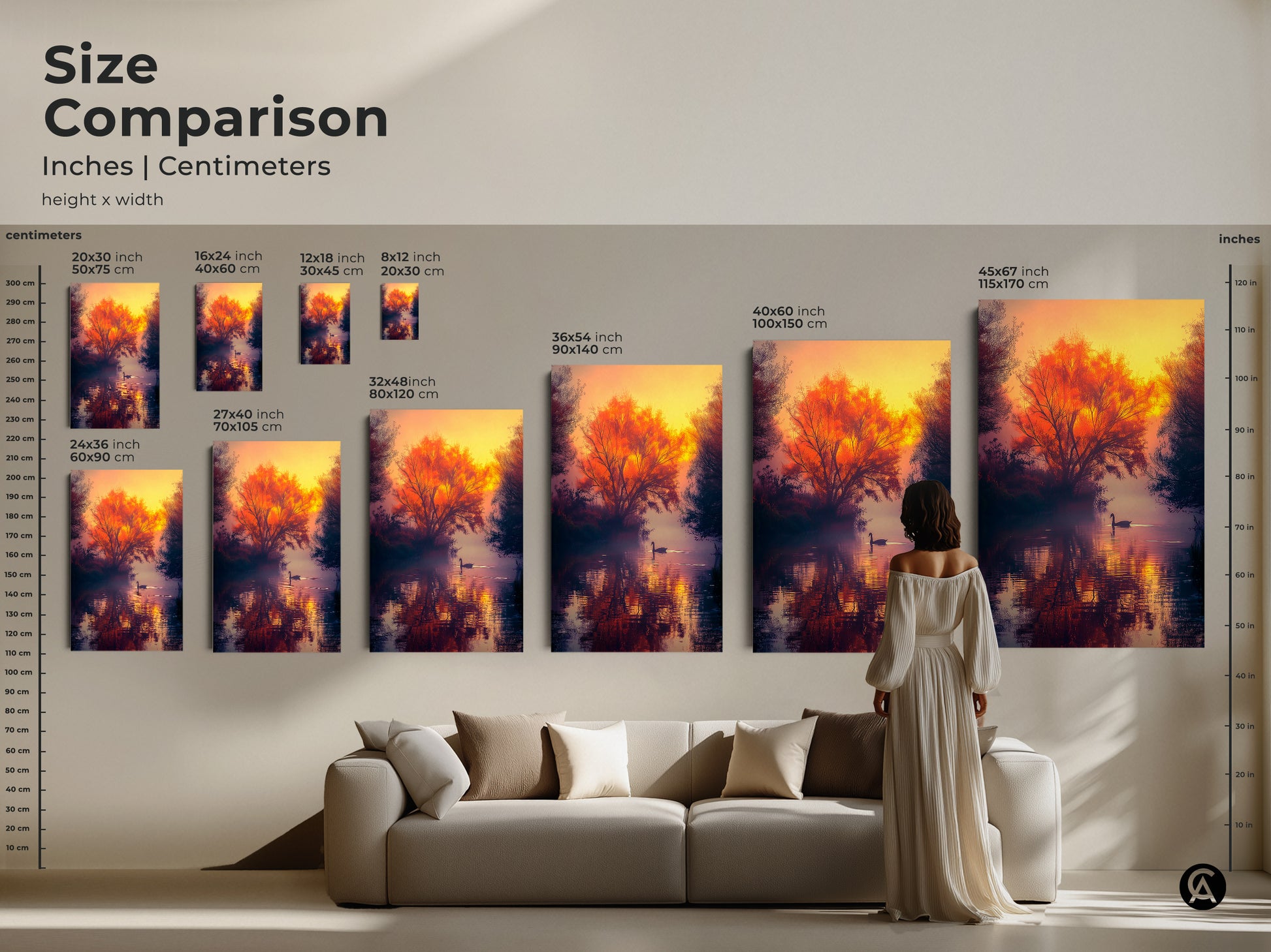Size comparison for sunset lake art prints. See how the artwork looks in different sizes. Art comes in canvas and poster options. Find the perfect size for your space. Enhance your home decor.