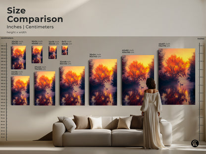 Size comparison for sunset lake art prints. See how the artwork looks in different sizes. Art comes in canvas and poster options. Find the perfect size for your space. Enhance your home decor.