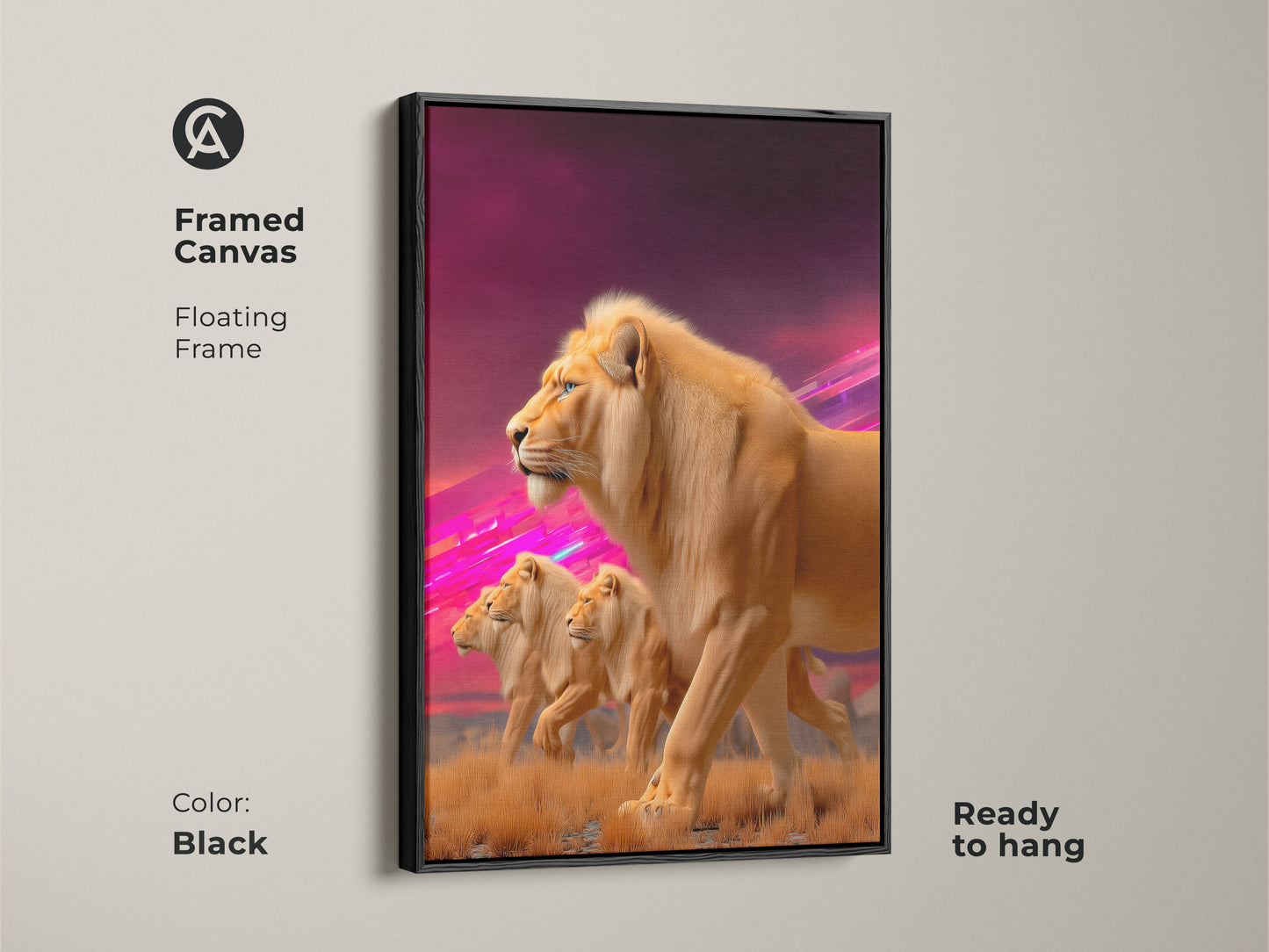 Framed Canvas presents a Lion Pride artwork. The black floating frame enhances the artwork. Ready to hang the wildlife animal print captures a fantasy savanna landscape. This piece is perfect for bedroom wall decor for animal lovers