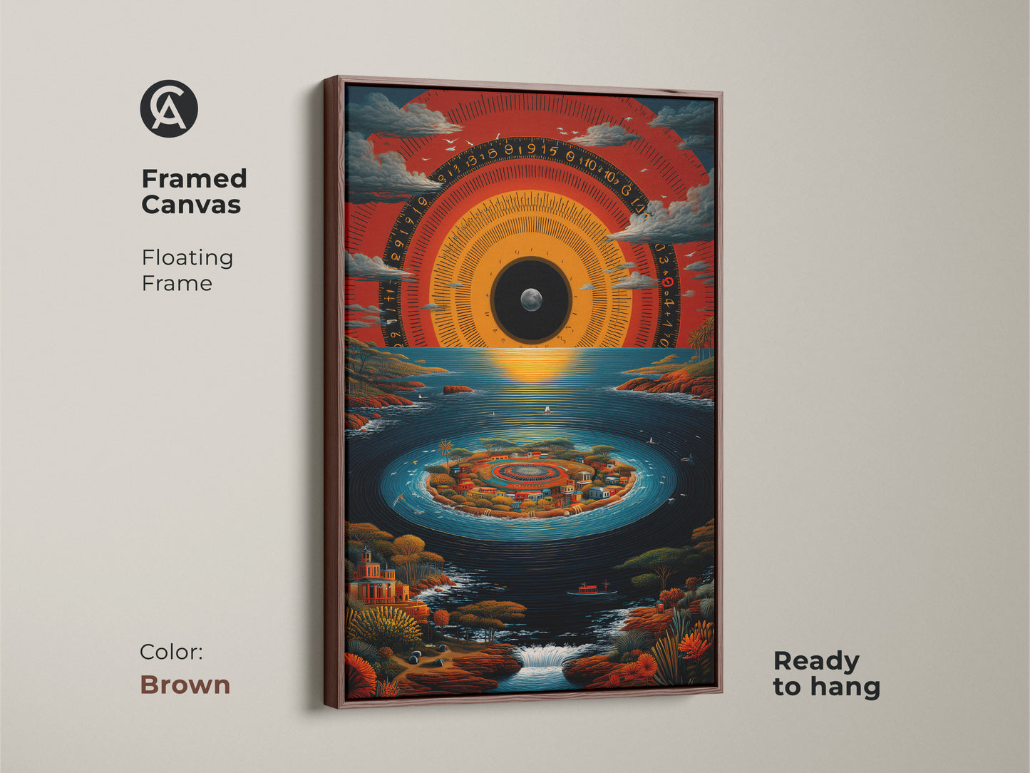 Brown Framed Canvas of surreal island wall art. The artwork features an abstract time dial canvas. It also showcases a crimson and deep blue print. Ready to hang for eclectic home decor. This is unique travel enthusiast gift idea.