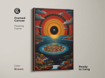 Brown Framed Canvas of surreal island wall art. The artwork features an abstract time dial canvas. It also showcases a crimson and deep blue print. Ready to hang for eclectic home decor. This is unique travel enthusiast gift idea.