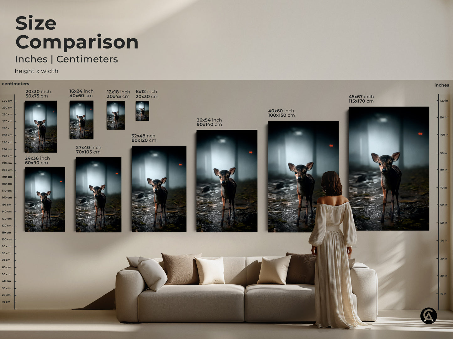 Size comparison showcases inches and centimeters for photorealistic fawn artwork. See how rustic wildlife decor fits above a sofa in various sizes. Perfect for earthy tones home decor this animal nursery art enhances your space. It's cozy forest charm.