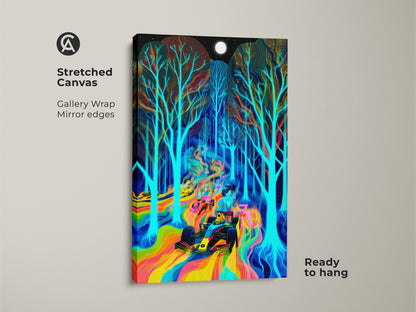 Stretched canvas gallery wrap of neon rainbow F1 car art. The image shows a psychedelic forest landscape with electric blue trees & surreal Formula 1 racing cars. Ready to hang; it adds a modern eclectic touch to any room.