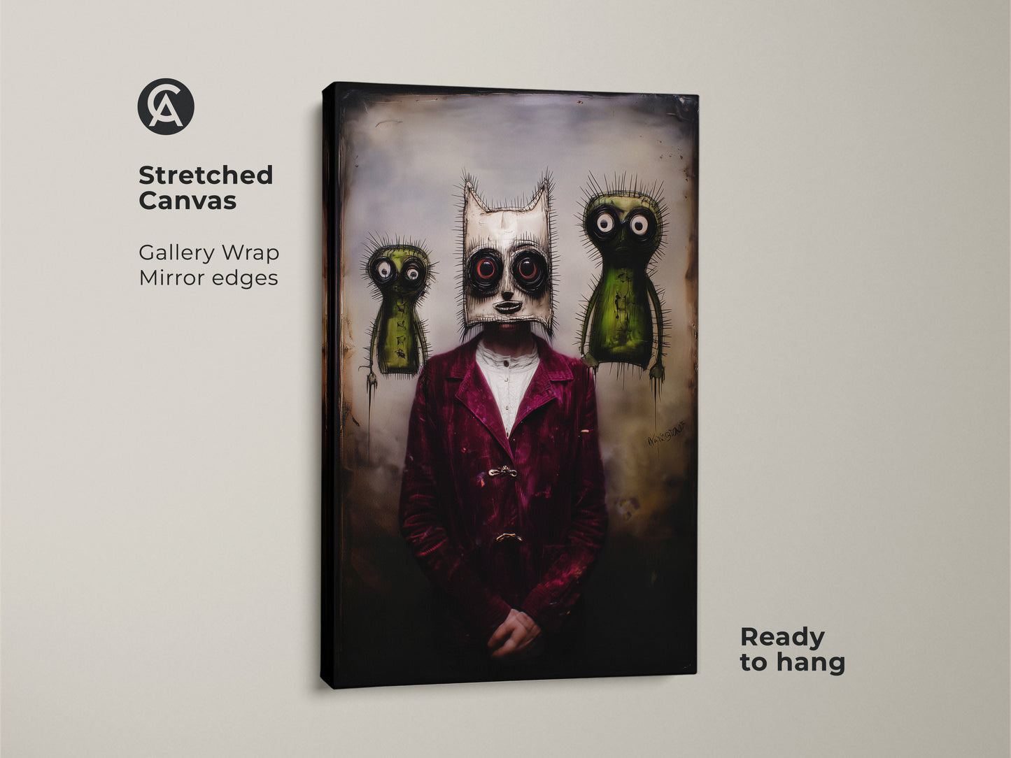 This stretched canvas presents a gothic mask art print. It showcases a surreal character between two creatures. The gallery wrap and mirror edges enhance its dark art style. The burgundy and green colors create an eclectic vibe. It is ready to hang to bring an unconventional touch to your walls.