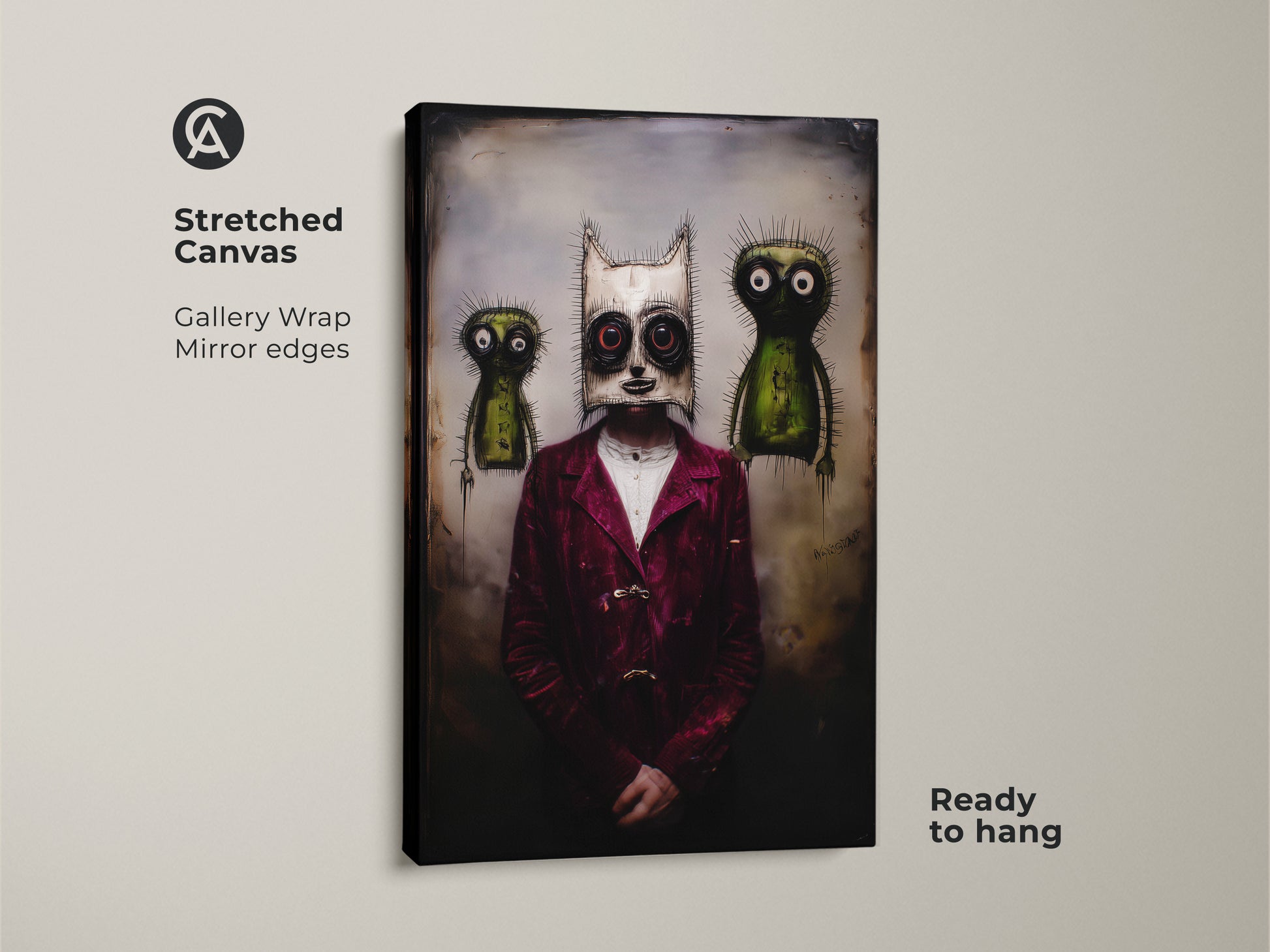 This stretched canvas presents a gothic mask art print. It showcases a surreal character between two creatures. The gallery wrap and mirror edges enhance its dark art style. The burgundy and green colors create an eclectic vibe. It is ready to hang to bring an unconventional touch to your walls.