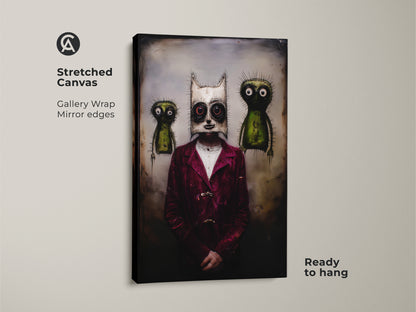 This stretched canvas presents a gothic mask art print. It showcases a surreal character between two creatures. The gallery wrap and mirror edges enhance its dark art style. The burgundy and green colors create an eclectic vibe. It is ready to hang to bring an unconventional touch to your walls.