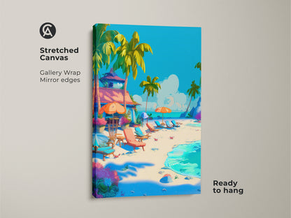Stretched canvas beach art. The gallery wrapped canvas features a vivid tropical beach scene. This ready to hang artwork showcases palm trees chairs and clear water. Elevate your home with this serene piece.