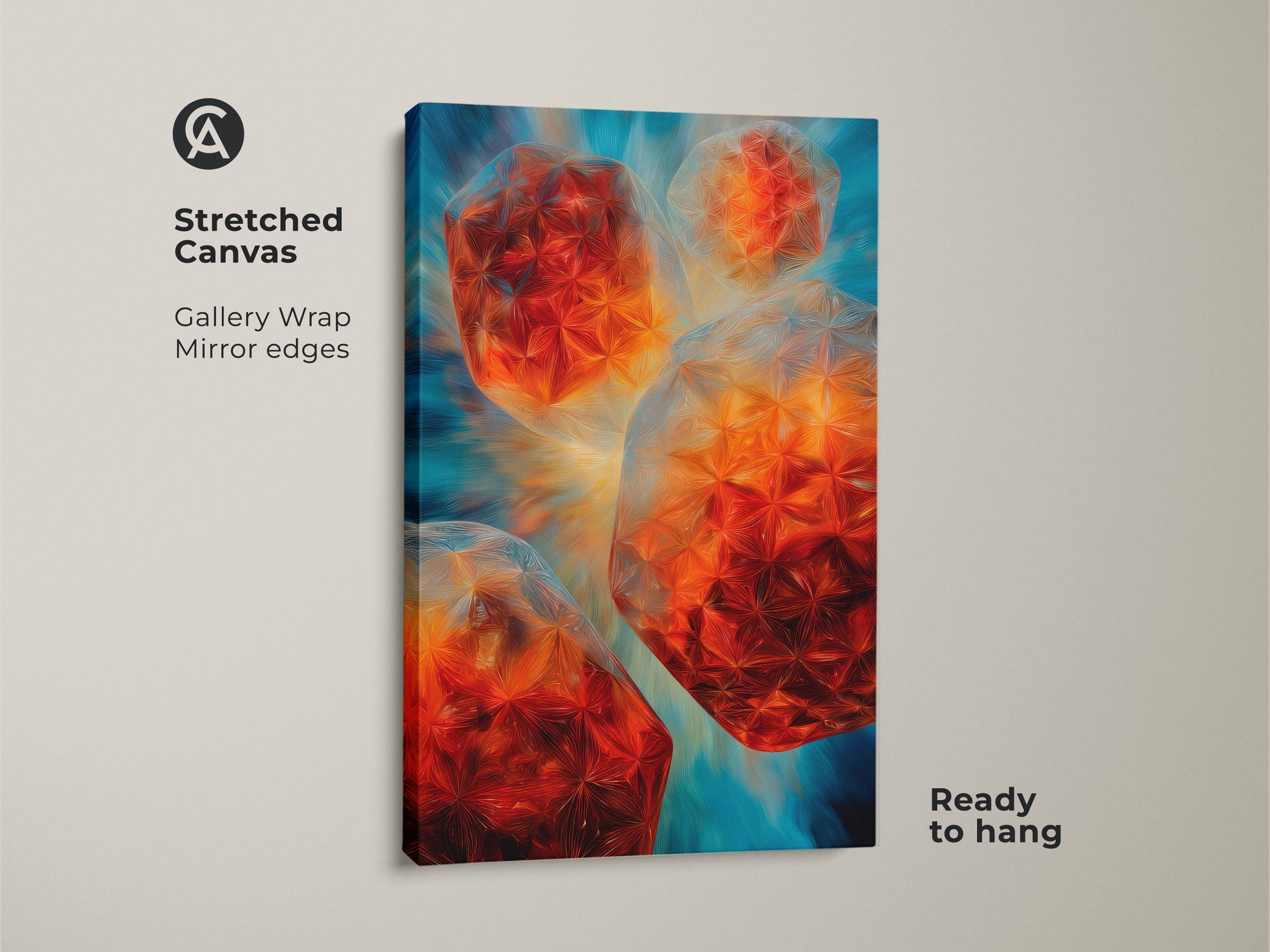 Abstract geometric wall art shown as a stretched canvas. This teal blue and orange canvas print showcases contemporary crystal shapes. The modern office decor art is ready to hang. It is a unique housewarming gift for him. The artwork features gallery wrap mirror edges. Get this 3D shape artwork today