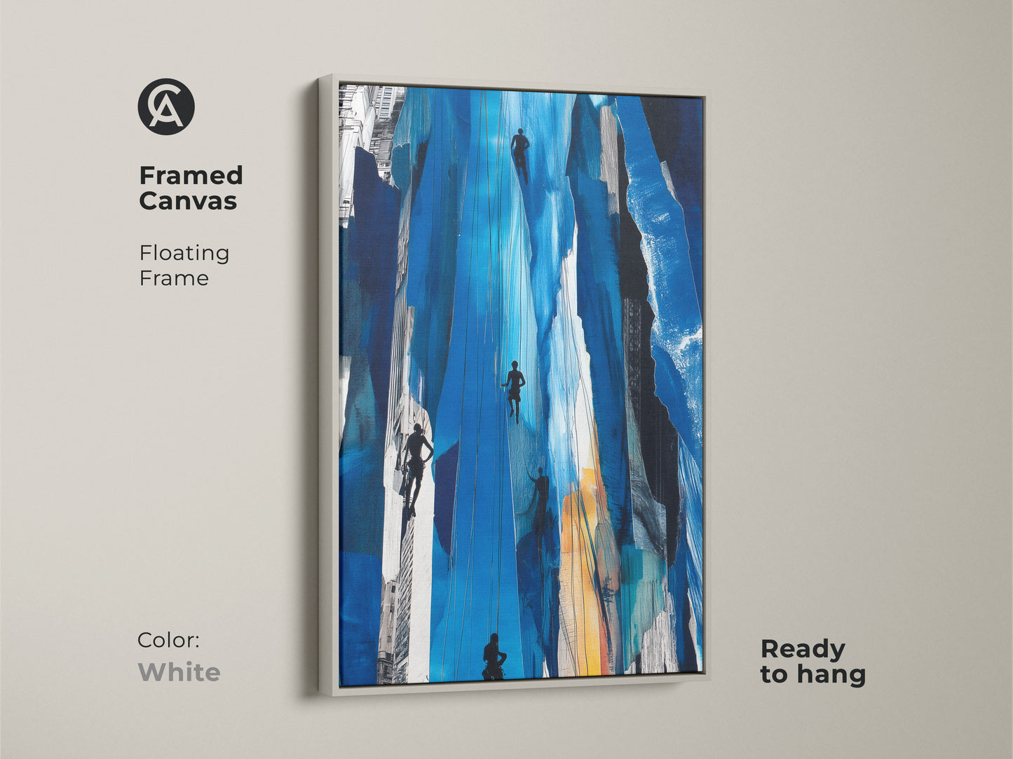 Framed canvas displays 'Urban Climber Blue Print' abstract art. A white floating frame accentuates the modern abstract canvas. Perfect for a contemporary home decor. This blue waterfall art print is ready to hang. Its dynamic composition adds intrigue to any space.
