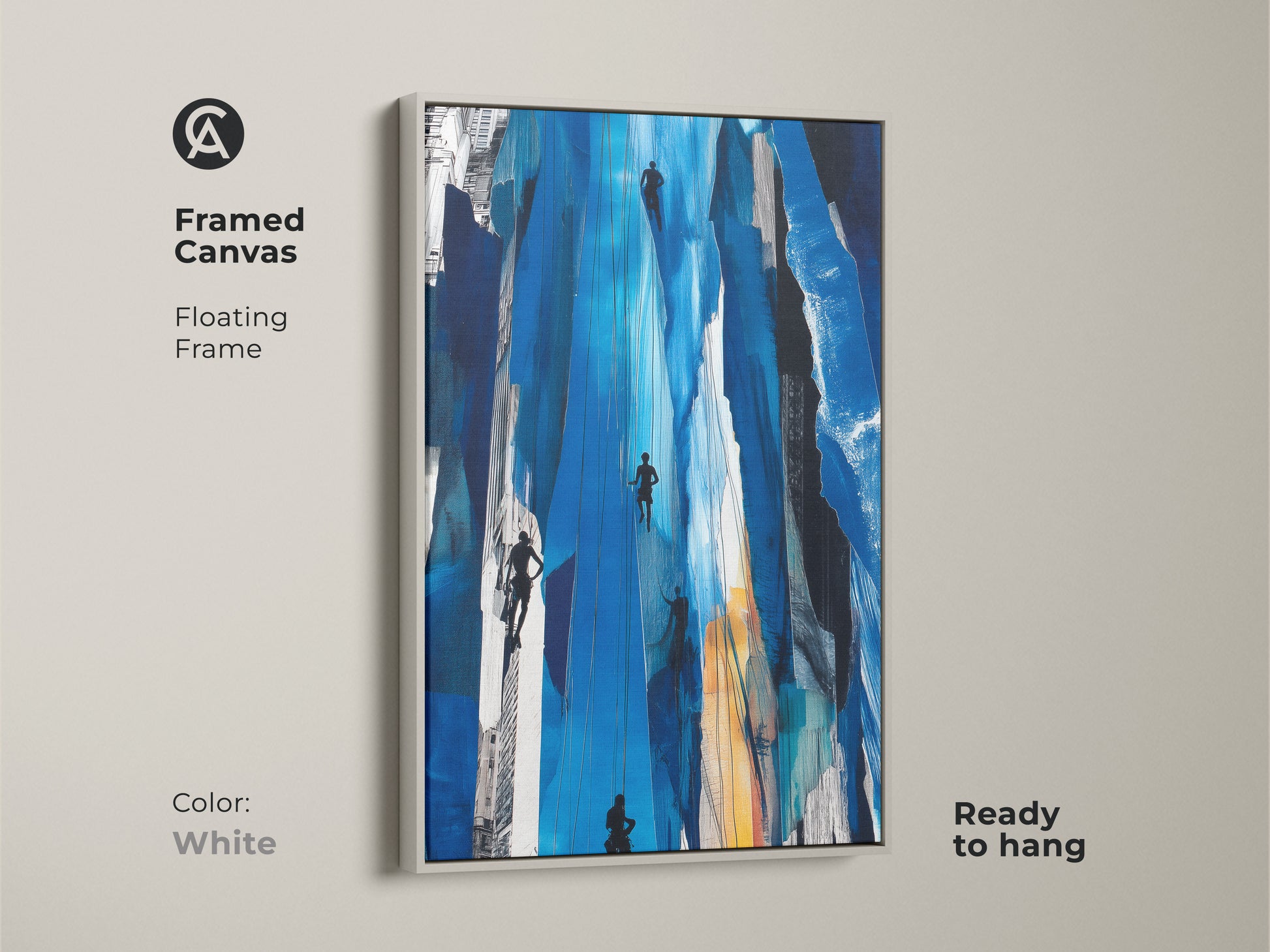 Framed canvas displays 'Urban Climber Blue Print' abstract art. A white floating frame accentuates the modern abstract canvas. Perfect for a contemporary home decor. This blue waterfall art print is ready to hang. Its dynamic composition adds intrigue to any space.