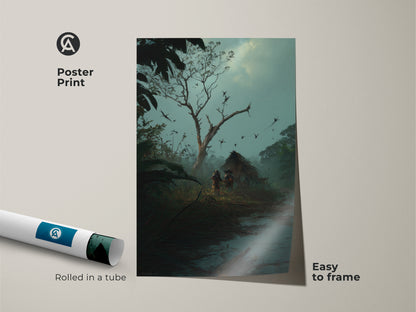 Poster print of tribal figures approaching a thatched hut. This dark fantasy art features a misty blue teal landscape. Rolled in a tube and easy to frame. Ideal for adding an eclectic touch to study room decor. This adventure landscape is a unique gift for explorers.
