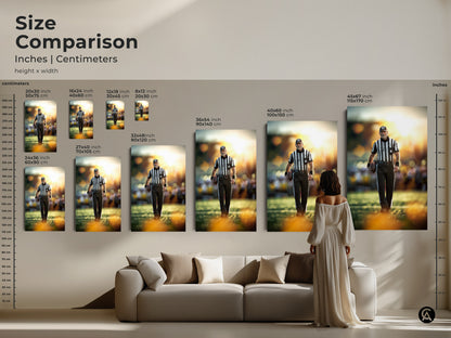 Size comparison of football referee art. Inches and centimeters shown for canvas and poster. This sports action photography is perfect for any room. See how it fits above a sofa.