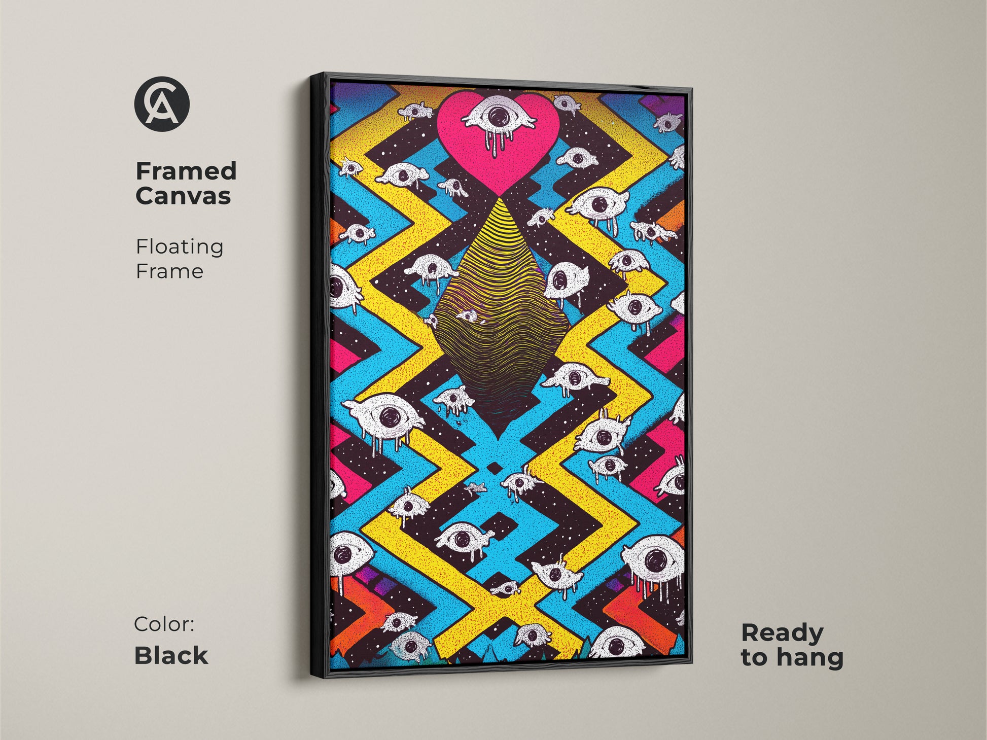 A black framed canvas showcases a surreal eye heart artwork. This psychedelic abstract wall art is ready to hang. Its floating frame enhances the eclectic bedroom decor. Magenta yellow and blue colors create a trippy effect. It's a unique piece of art for teen rooms. It is a vibrant and eye-catching design.