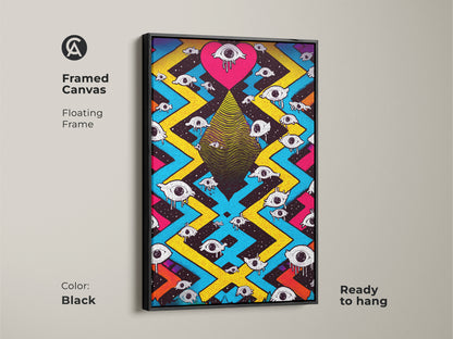 A black framed canvas showcases a surreal eye heart artwork. This psychedelic abstract wall art is ready to hang. Its floating frame enhances the eclectic bedroom decor. Magenta yellow and blue colors create a trippy effect. It's a unique piece of art for teen rooms. It is a vibrant and eye-catching design.