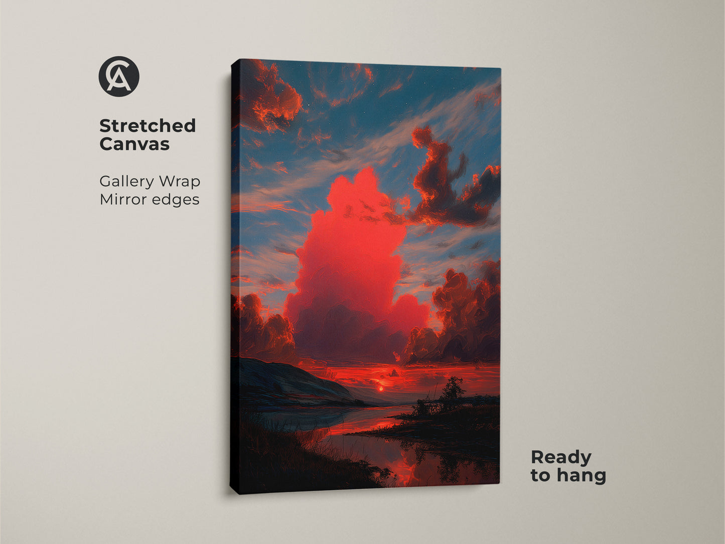A stretched canvas print showcases crimson sunset artwork. Gallery wrapped with mirror edges it's ready to hang. Teal and orange clouds create a painterly nature scene. This is perfect contemporary home decor.