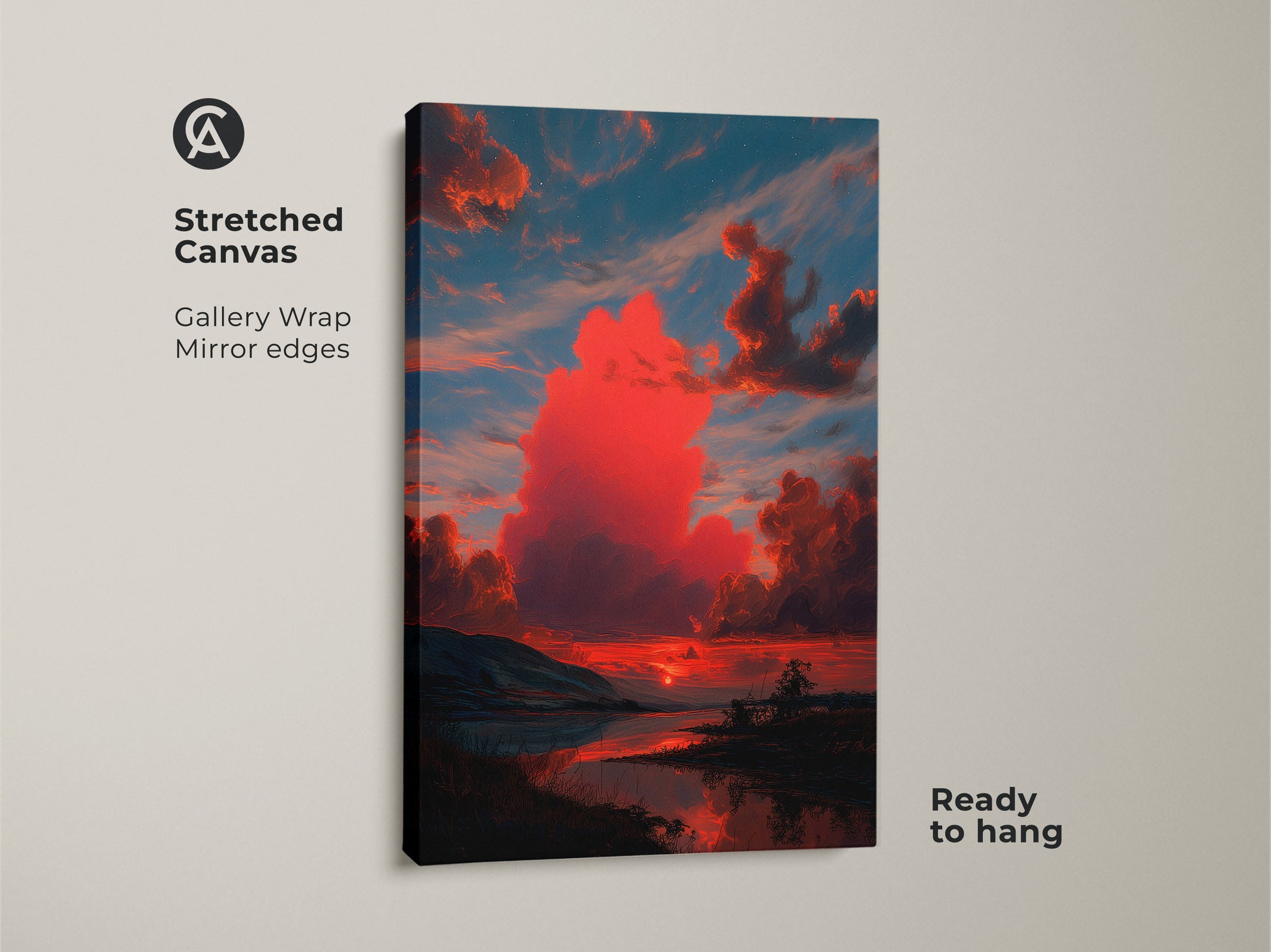 A stretched canvas print showcases crimson sunset artwork. Gallery wrapped with mirror edges it's ready to hang. Teal and orange clouds create a painterly nature scene. This is perfect contemporary home decor.