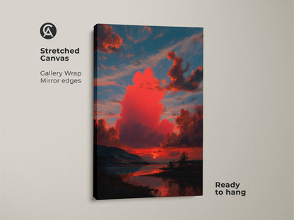 A stretched canvas print showcases crimson sunset artwork. Gallery wrapped with mirror edges it's ready to hang. Teal and orange clouds create a painterly nature scene. This is perfect contemporary home decor.