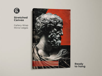 A stretched canvas of red abstract sculpture wall art hangs ready. The marble bust print adds contemporary classical art to any room. This is eclectic home decor that will impress any art lover.