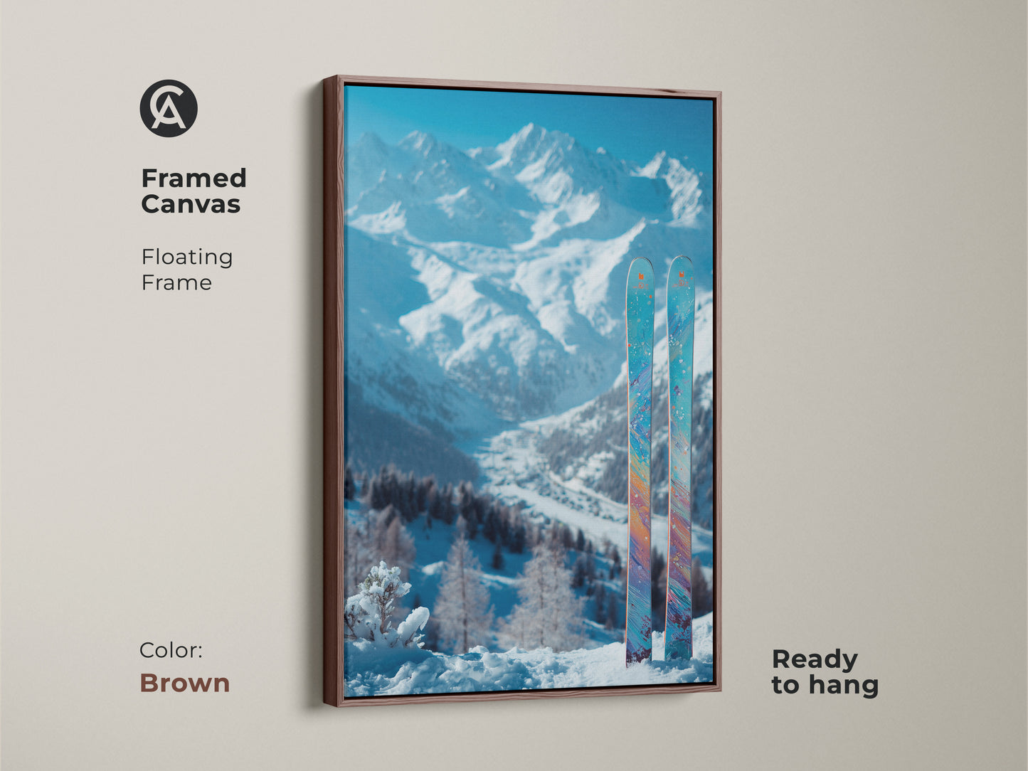 A framed canvas artwork with a snowy mountain scene. Two skis accent the winter landscape. The brown floating frame complements the colors. Ready to hang and enjoy this beautiful art. Perfect for adding warmth and style to your home decor.
