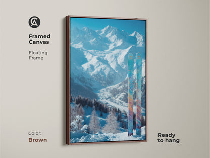 A framed canvas artwork with a snowy mountain scene. Two skis accent the winter landscape. The brown floating frame complements the colors. Ready to hang and enjoy this beautiful art. Perfect for adding warmth and style to your home decor.