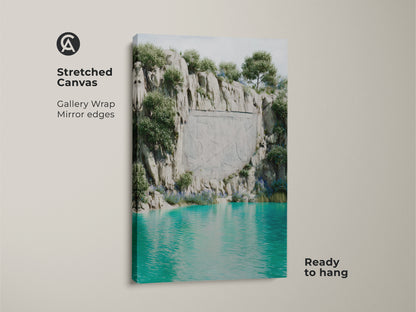 Stretched canvas of surreal cliff landscape artwork. Gallery wrapped with mirrored edges. Teal gray turquoise water complements the fantasy nature carved stone artwork. Ready to hang nature art. Ideal eclectic home decor. This travel enthusiast gift brings a touch of calm to any room.