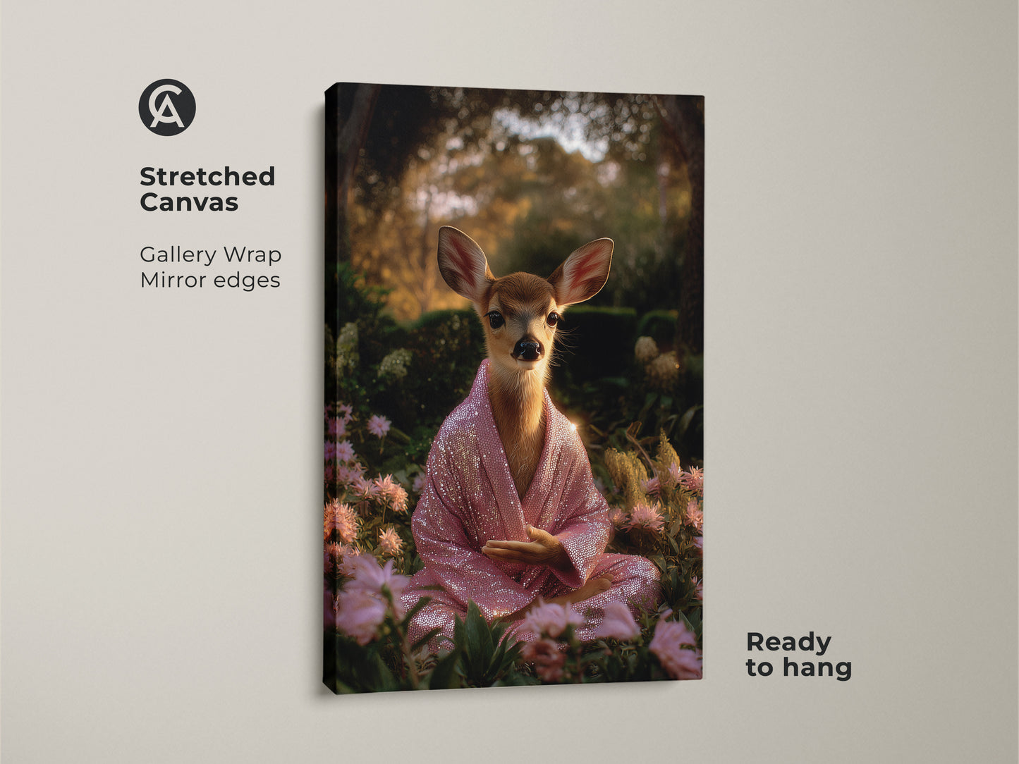 Stretched canvas gallery wrap featuring a meditating deer. The spiritual animal art has mirror edges and is ready to hang. This pink sequin robe fawn print is perfect boho spiritual decor. A great yoga meditation gift art