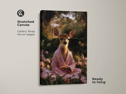 Stretched canvas gallery wrap featuring a meditating deer. The spiritual animal art has mirror edges and is ready to hang. This pink sequin robe fawn print is perfect boho spiritual decor. A great yoga meditation gift art