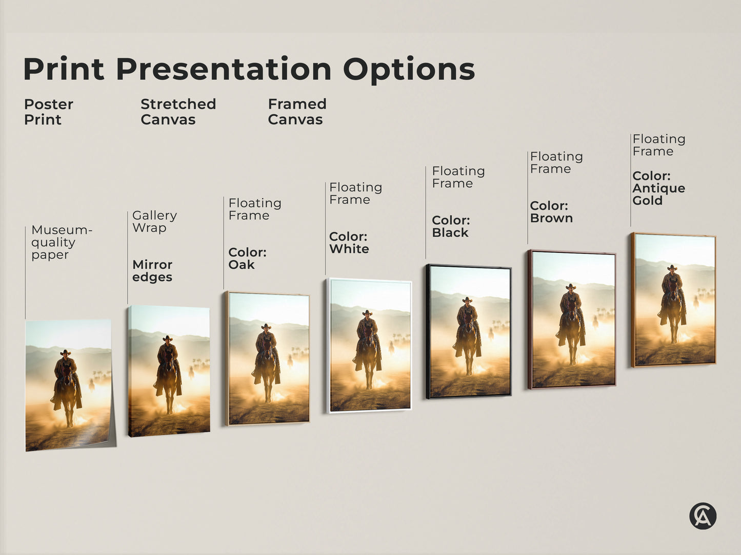 Print presentation options for cowboy art featuring a Western cowboy on horseback. Choose from poster prints stretched canvas and framed canvas. Find the perfect style and color for your rustic wall decor. Perfect gift for horse lovers.