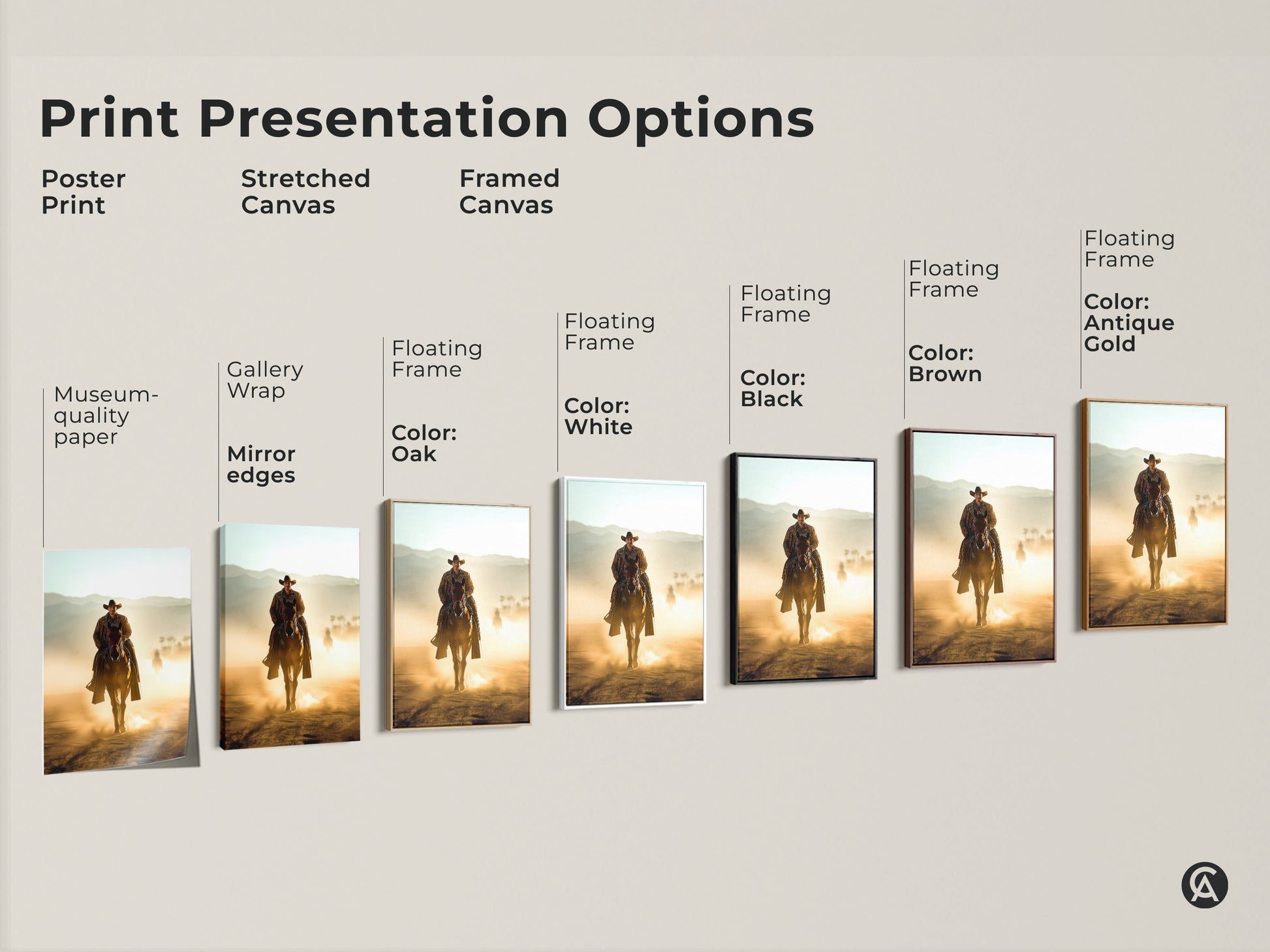 Print presentation options for cowboy art featuring a Western cowboy on horseback. Choose from poster prints stretched canvas and framed canvas. Find the perfect style and color for your rustic wall decor. Perfect gift for horse lovers.