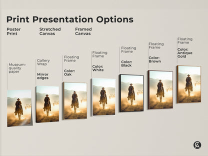 Print presentation options for cowboy art featuring a Western cowboy on horseback. Choose from poster prints stretched canvas and framed canvas. Find the perfect style and color for your rustic wall decor. Perfect gift for horse lovers.