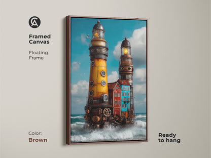 Brown framed canvas featuring steampunk lighthouse artwork. The nautical coastal wall art showcases an industrial ocean seascape painting. This yellow lighthouse canvas print is ready to hang for eclectic home decor.