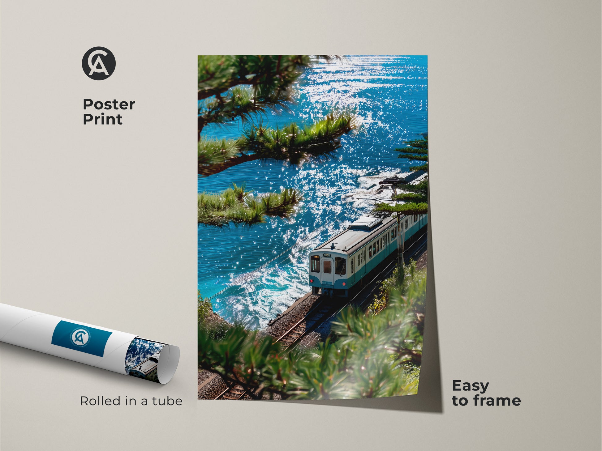 Poster print of a blue train along a sparkling blue coast. This museum-quality paper is easy to frame. Rolled in a tube for protection this art is printed on high-quality paper.