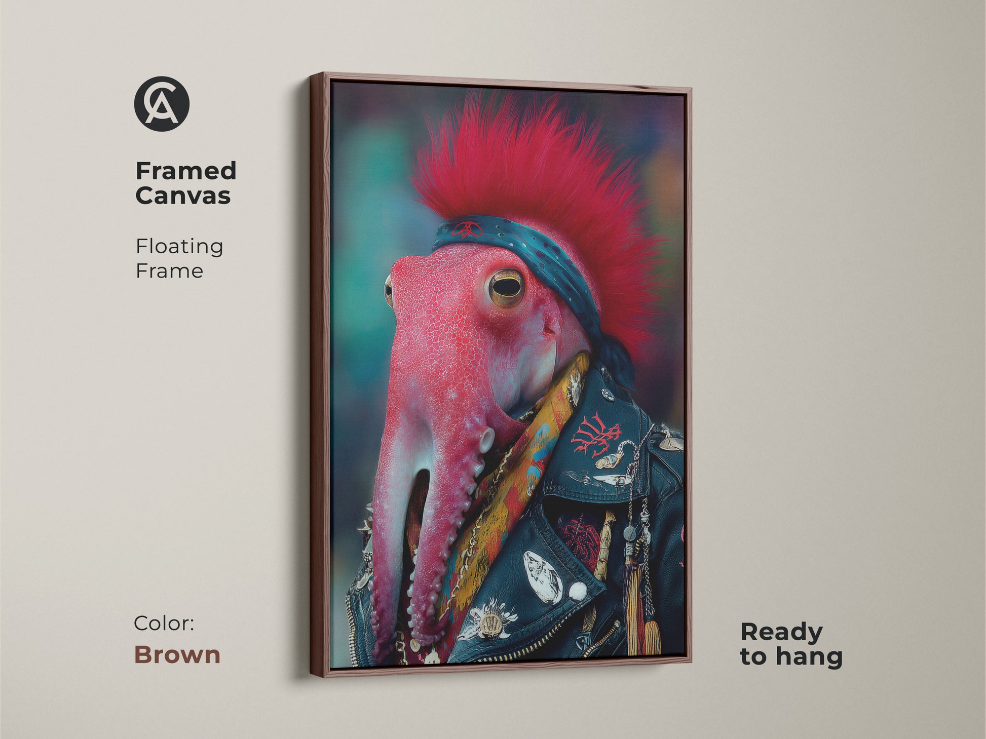 Framed Canvas in Brown Featuring a Punk Rocker Octopus. Ready to hang this surreal animal artwork enhances any wall. Perfect eclectic wall decor for music enthusiasts.