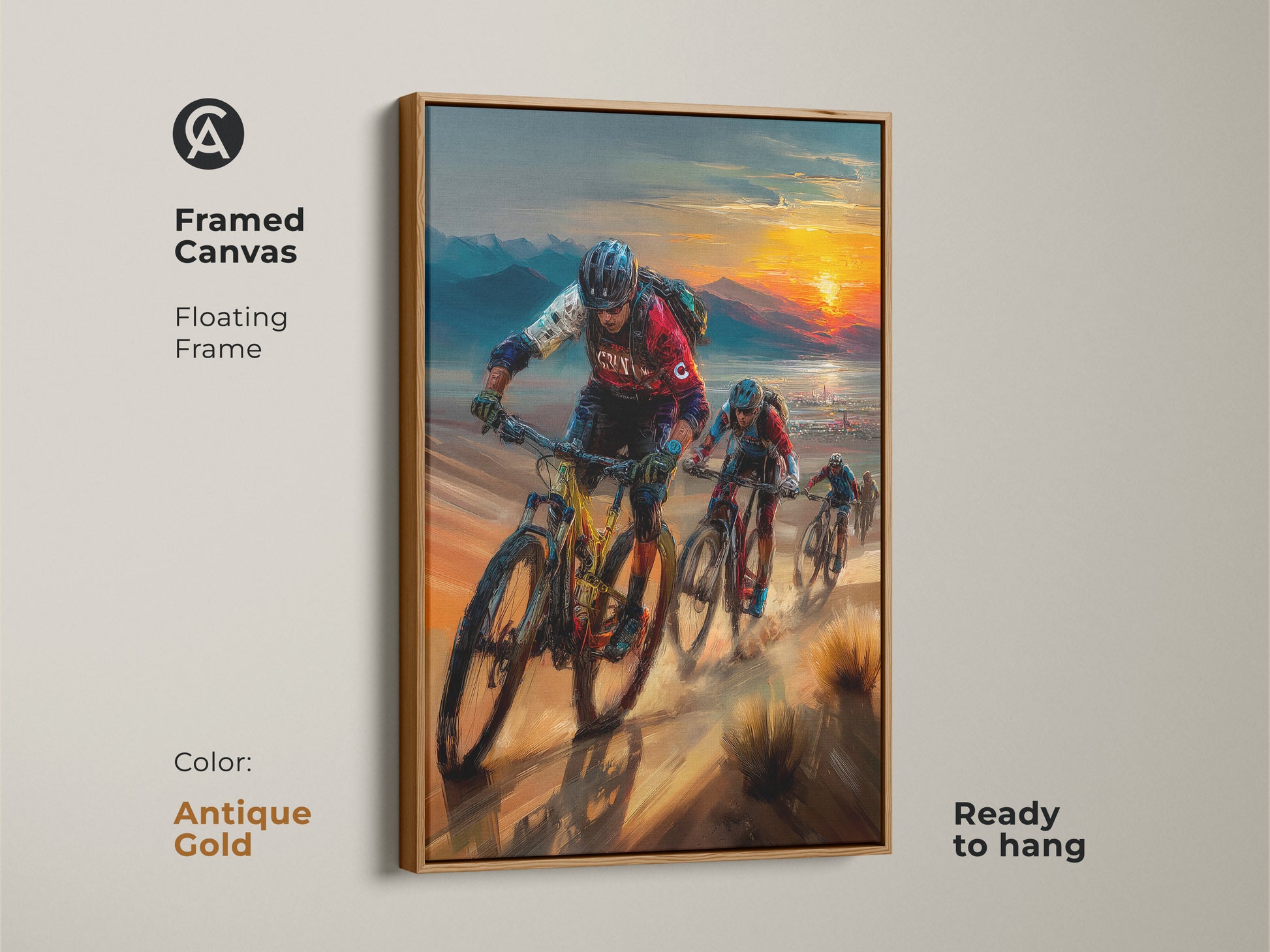 Capture the spirit of adventure with this mountain biking scene. This framed canvas has a floating antique gold frame adding a touch of elegance. The artwork showcases cyclists against a desert trail sunset. This contemporary piece is perfect for any sports enthusiast looking to add some art to their wall.