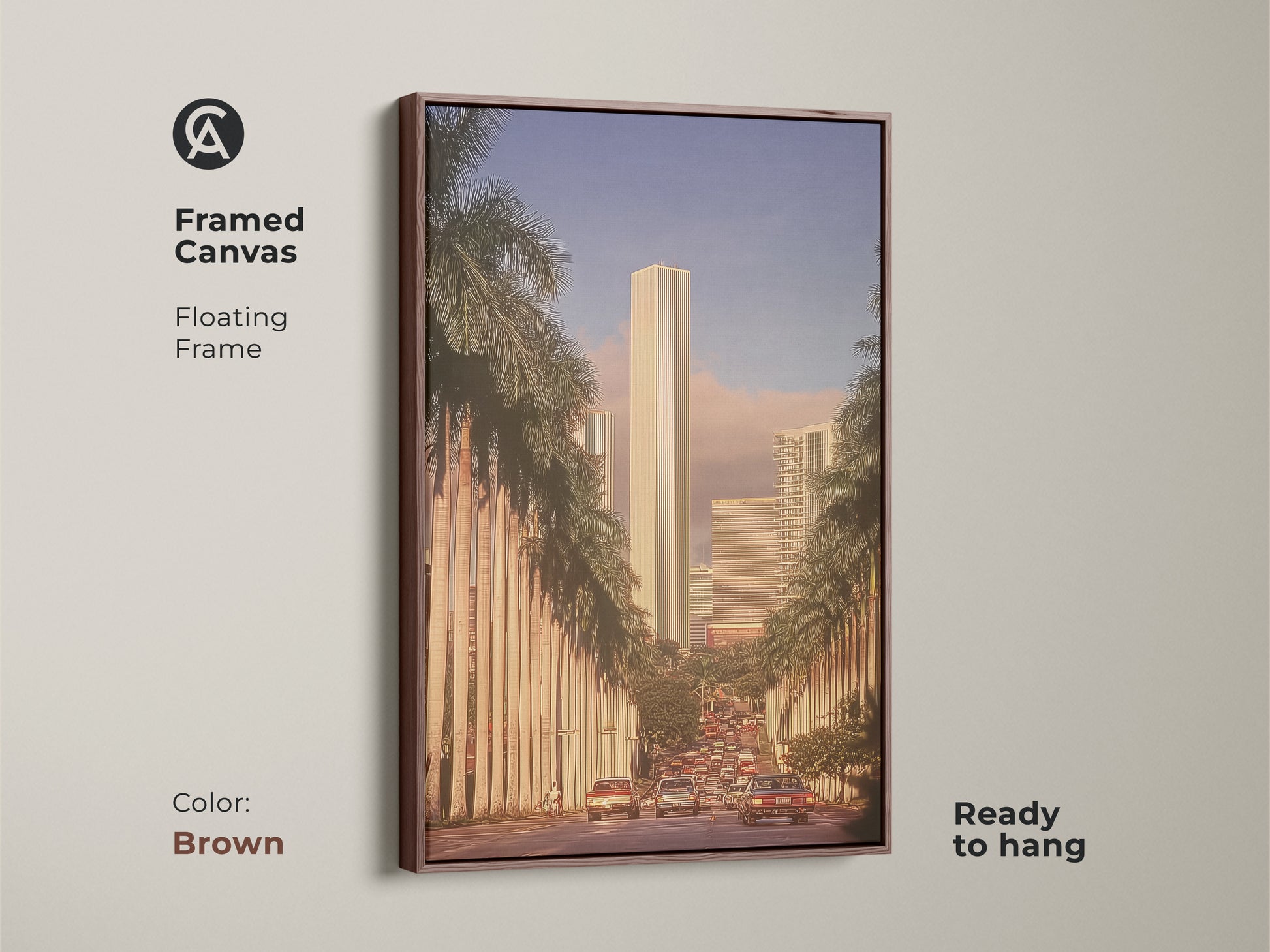 This framed canvas showcases a retro cityscape art piece with skyscrapers and palm trees. The brown floating frame enhances the mid-century modern artwork. Ready to hang this golden hour art adds a touch of urban sophistication. It's perfect for any room.