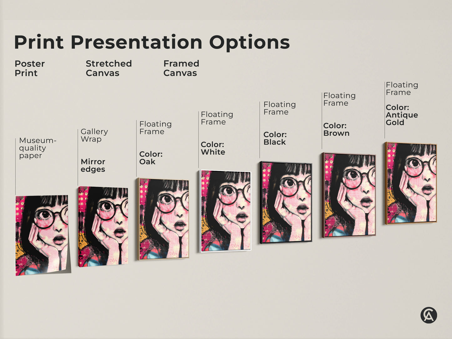 Print presentation options featuring anime girl art. Choose from poster print stretched canvas and framed canvas options. Find the perfect style for your retro pop art canvas. The hot pink and yellow artwork is a unique gift. Elevate your eclectic bedroom decor today with unique art.
